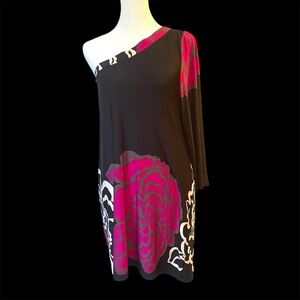 One-Shoulder Black and Pink Floral Dress